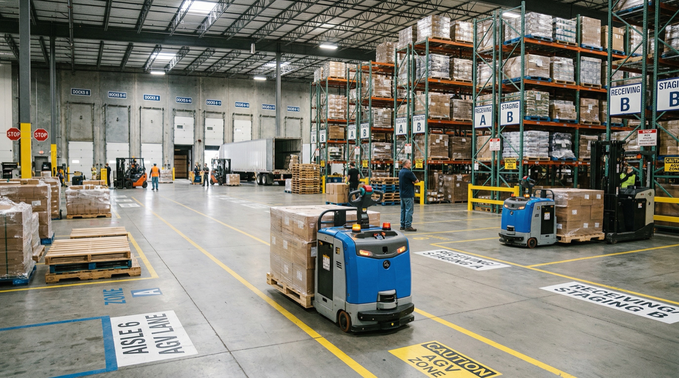 3PL warehouse automation scene with AGV pallet movement